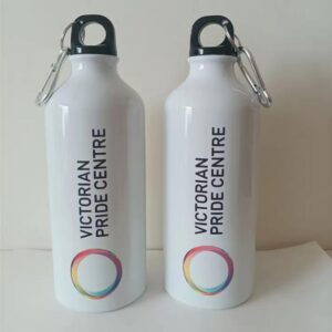 White bottles with the Victorian Pride Centre Trademark