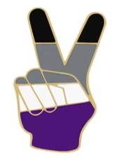 Asexual peace gesture badge in the colours of the asexual flag