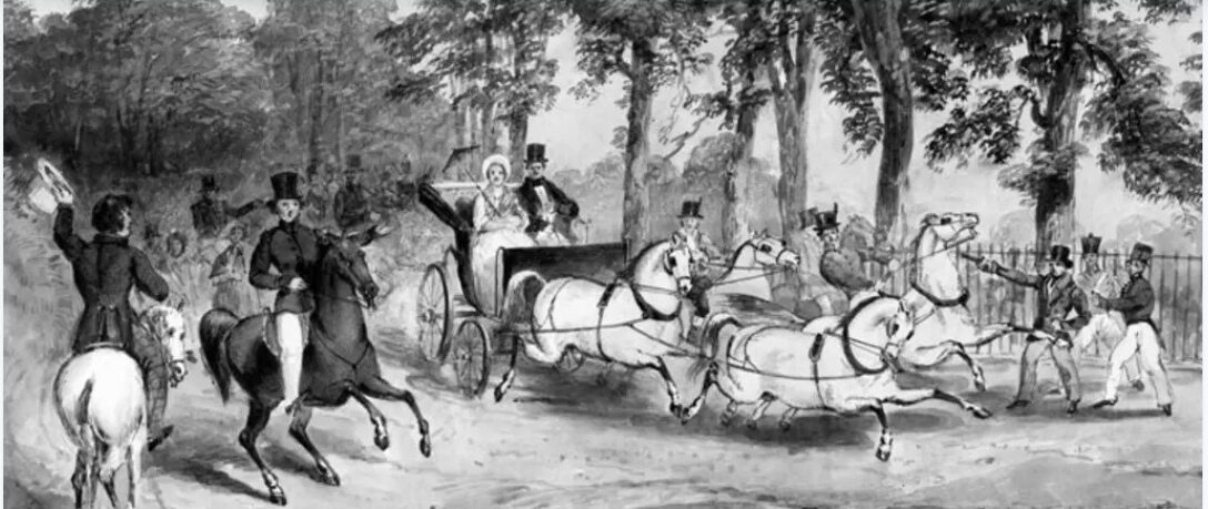 A historical drawing of a carriage, roaring horses, a woman with a parasol, a man in a top hat, and onlookers.