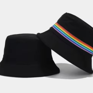 Black Bucket Hat with Rainbow Embroidery on the seams of the brim and hat