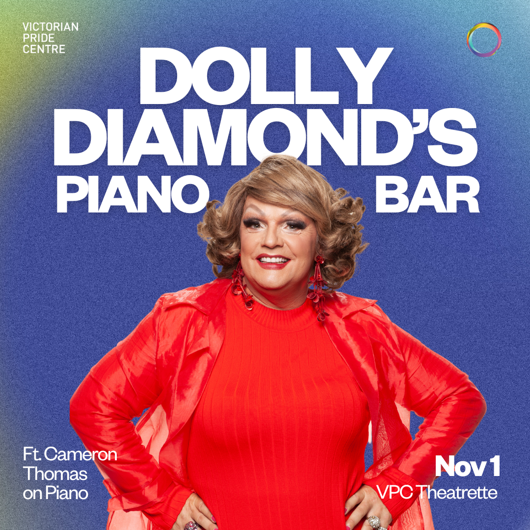 Dolly Diamond's Piano Bar Poster with photo of Dolly in a red dress