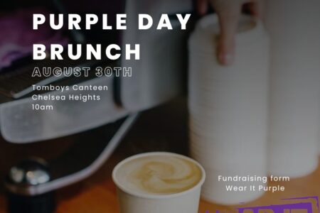 Wear It Purple Day brunch poster with text overlaid on a blurred coffee station, featuring a takeaway cup and lid.