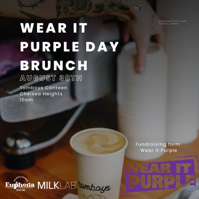 Wear It Purple Day brunch poster with text overlaid on a blurred coffee station, featuring a takeaway cup and lid.