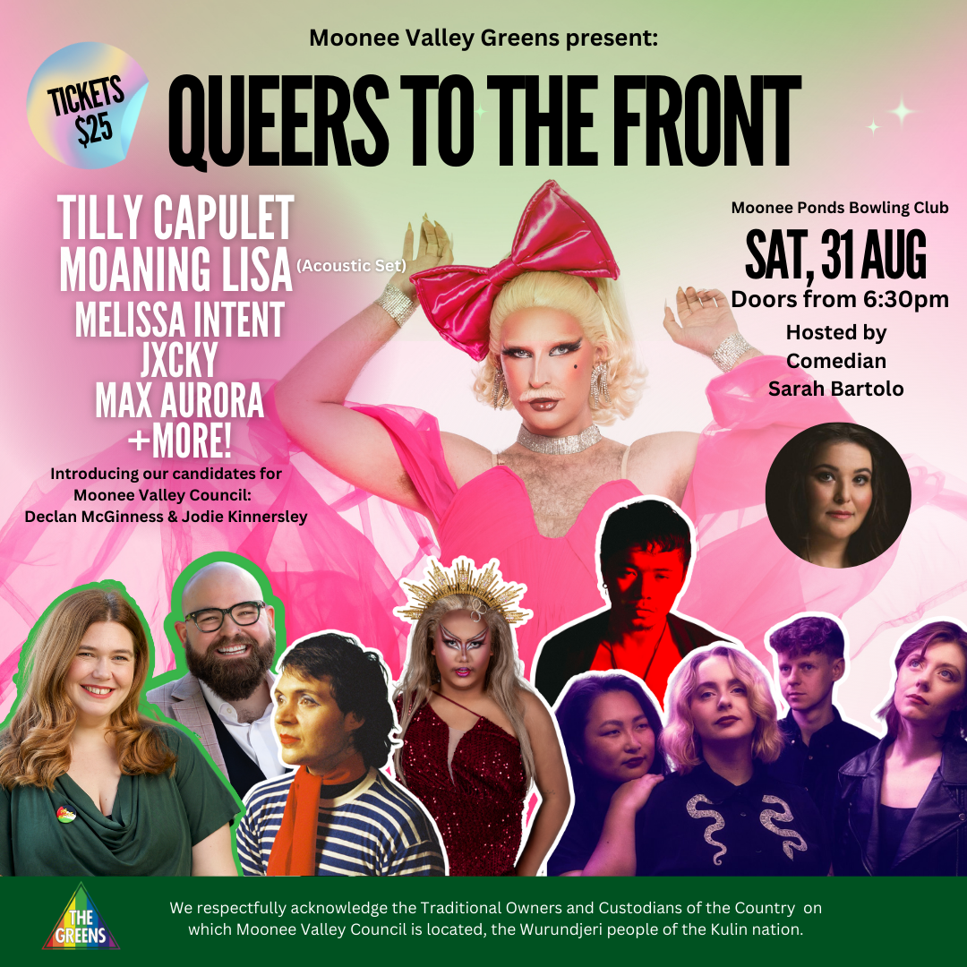 Queers to the Front poster with line-up, date, time and location