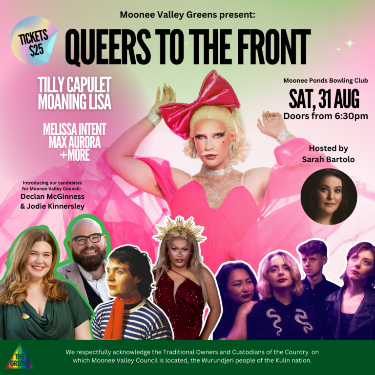 Queers to the front poster with date, time, location and lineup