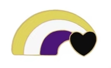 Rainbow badge featuring the non-binary flag colours with a heart at the end of the rainbow