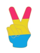 Pansexual Peace Badge in the shape of the peace gesture with pansexual flag colours