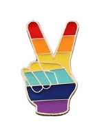 a badge designed with the peace finger symbol in a rainbow gradient