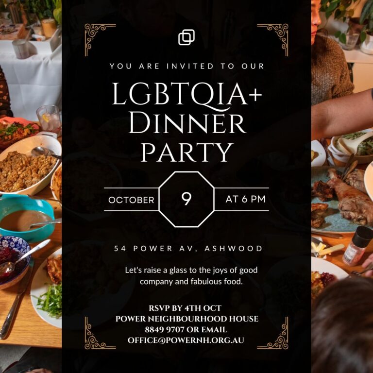 LGBT dinner party poster with date, location, phone number and email