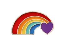 Rainbow badge in the colours of the pride flag with a purple heart at the end of the rainbow