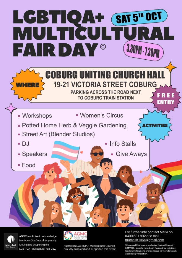 LGBTIQA+ Multicultural Fair Day poster with activities line-up, date, location, time and an animation of a group pf people posting