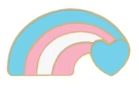 Rainbow badge with the transgender pride flag colours with a heart positioned at the end of the rainbow