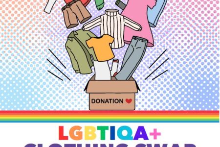 LGBTQIA+ clothing swap poster with date, time, location and a cartoon of clothes