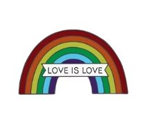 A rainbow badge with the phrase 'love is love' in the centre