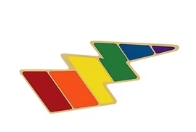 A lightning bolt badge in the colours of the rainbow