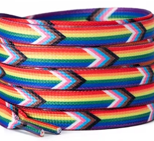 Rainbow shoelaces with the progressive pride flag design