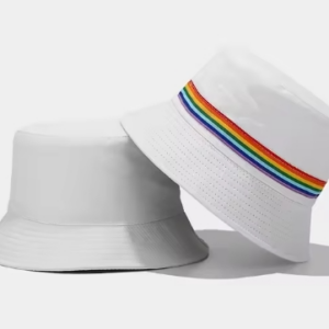 White Bucket Hat with Rainbow Embroidery on the Seams of the Brim and Hat.