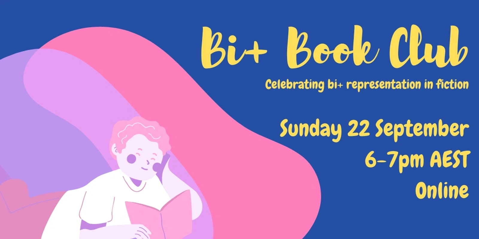 Bi+ Book Club poster with an animation of a person reading a book and the date, time and location