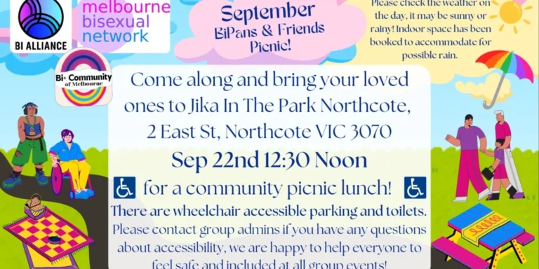 Bi Alliance and Melbourne Bisexual Network park poster with description, date, location, time and animations of people in a park.