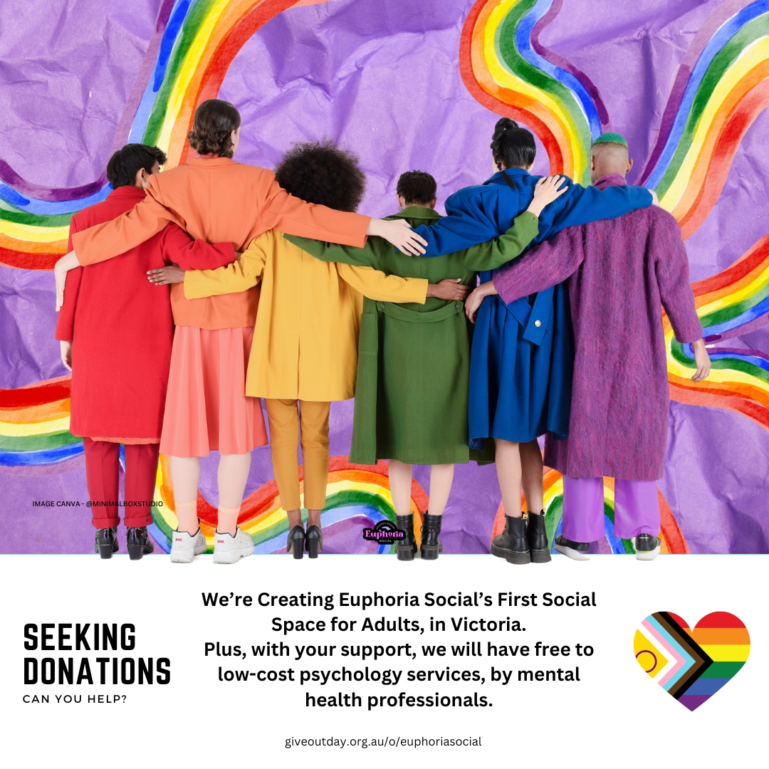 A group of people's backs in front of rainbow swirls, with text underneath promoting Euphoria Social GiveOUT Day.