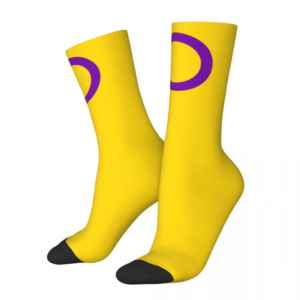 Intersex Socks in the colours of the flag - vibrant yellow base with a purple circle. The toes have a black tip.