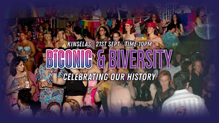 Bionic and Biversity celebration poster with date, time, and location, featuring a large group of people in costume.