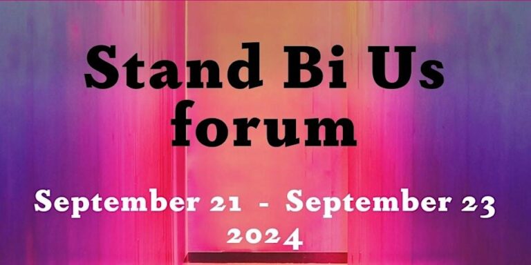 Stand Bi Us forum poster with date, time and location. The background features the colours of the bisexual pride flag.