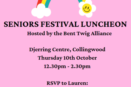 Seniors Festival Luncheon poster with date, time, location, rsvp details and an animated rainbow with a smiley face emoji