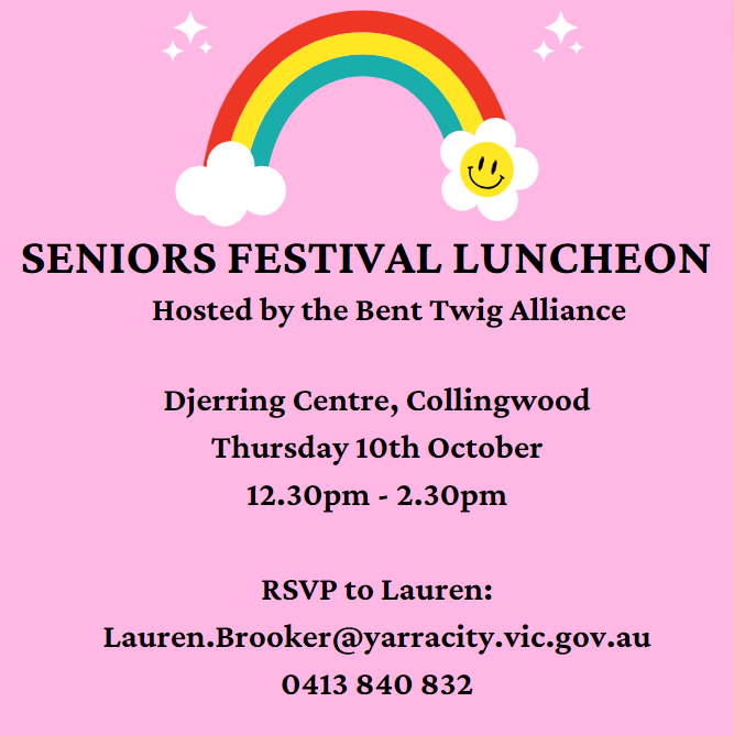 Seniors Festival Luncheon poster with date, time, location, rsvp details and an animated rainbow with a smiley face emoji