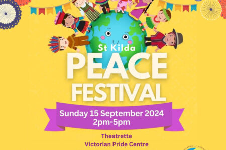 St Kilda Peace Festival poster with animated Earth and people with date, and location.