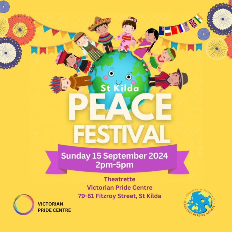 St Kilda Peace Festival poster with animated Earth and people with date, and location.