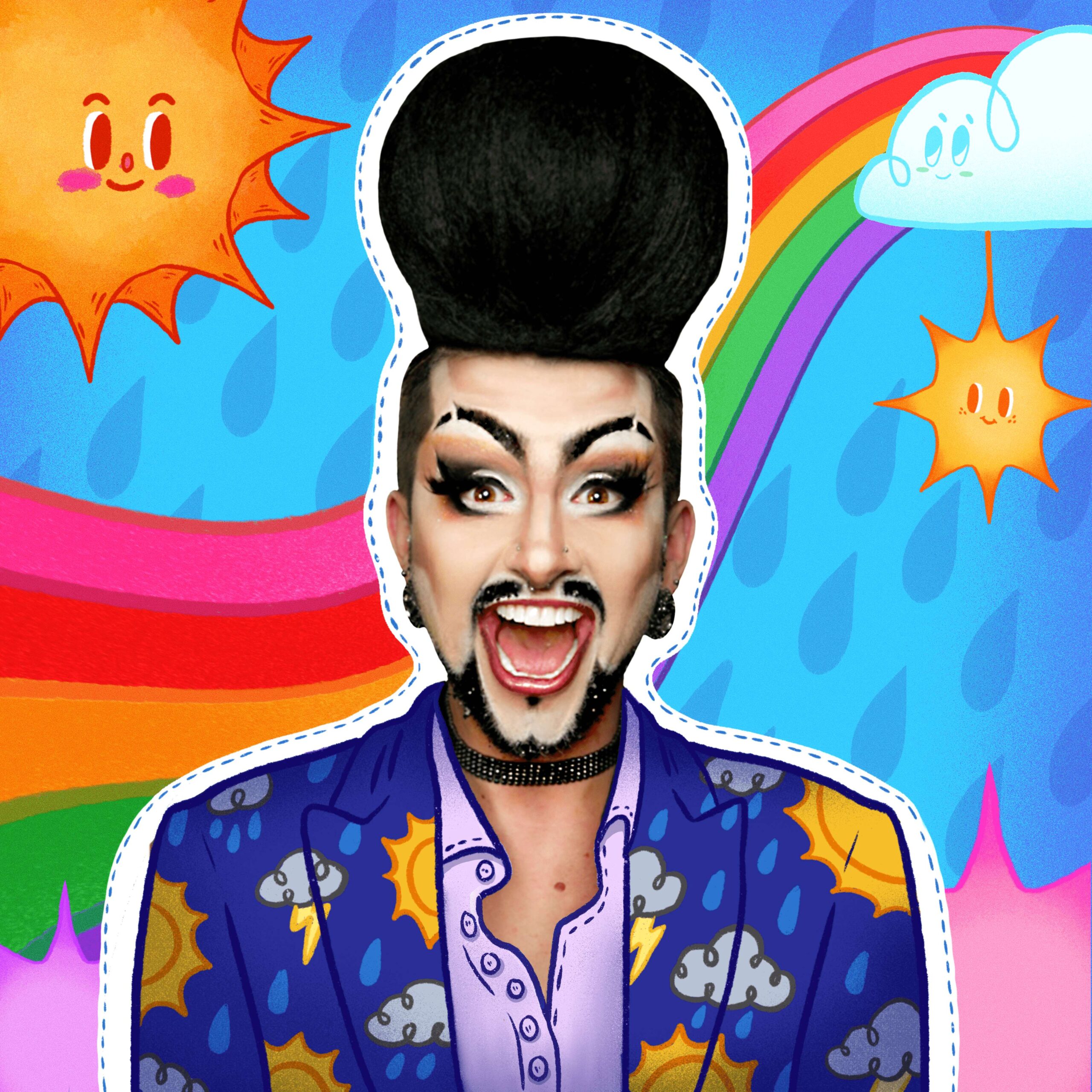 An animated background of a bright sunny day with a headshot of Hugo Grrrl