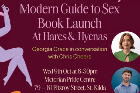 Modern Guide to Sex Book Launch at Hares and Hyenas poster with date, time, location, headshots and animations.