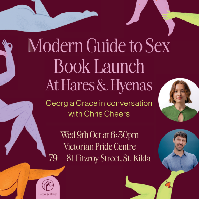 Modern Guide to Sex Book Launch at Hares and Hyenas poster with date, time, location, headshots and animations.