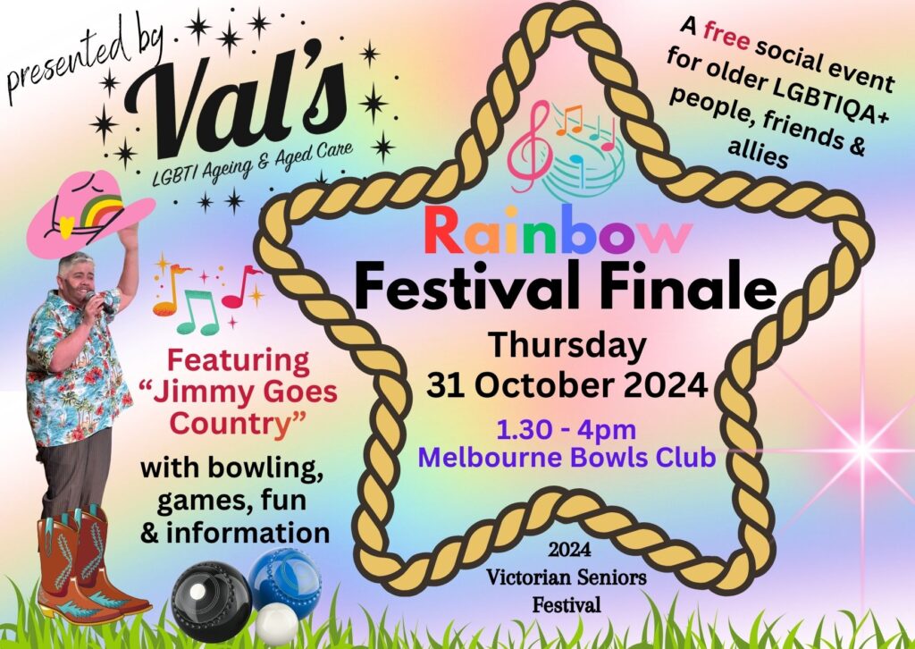 Val's Rainbow Festival Finale poster includes the date, time, location, and line-up, with an animated patch of grass, lawn bowls, a person in a cowboy hat, and scattered stars.