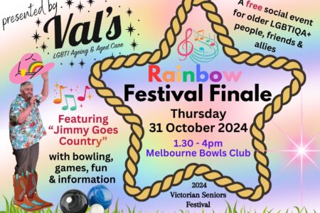 Val's Rainbow Festival Finale poster includes the date, time, location, and line-up, with an animated patch of grass, lawn bowls, a person in a cowboy hat, and scattered stars.