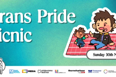 Trans Pride Picnic Poster with partners and date, featuring an animation of two people sharing an apple on a picnic rug.