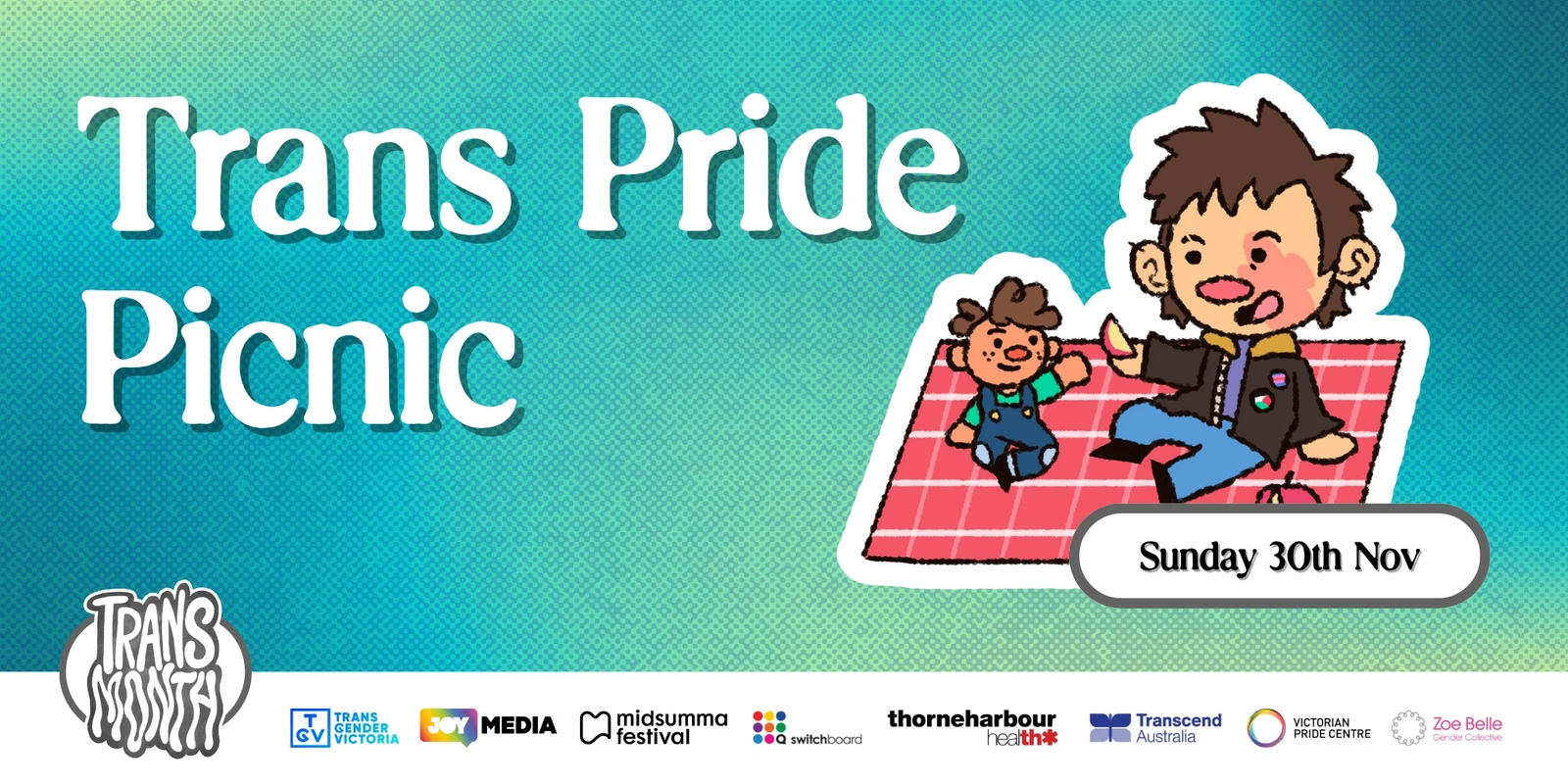 Trans Pride Picnic Poster with partners and date, featuring an animation of two people sharing an apple on a picnic rug.