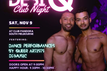 Poster for Desi Q club night with date. time, location and two people hugging and smiling at the camera