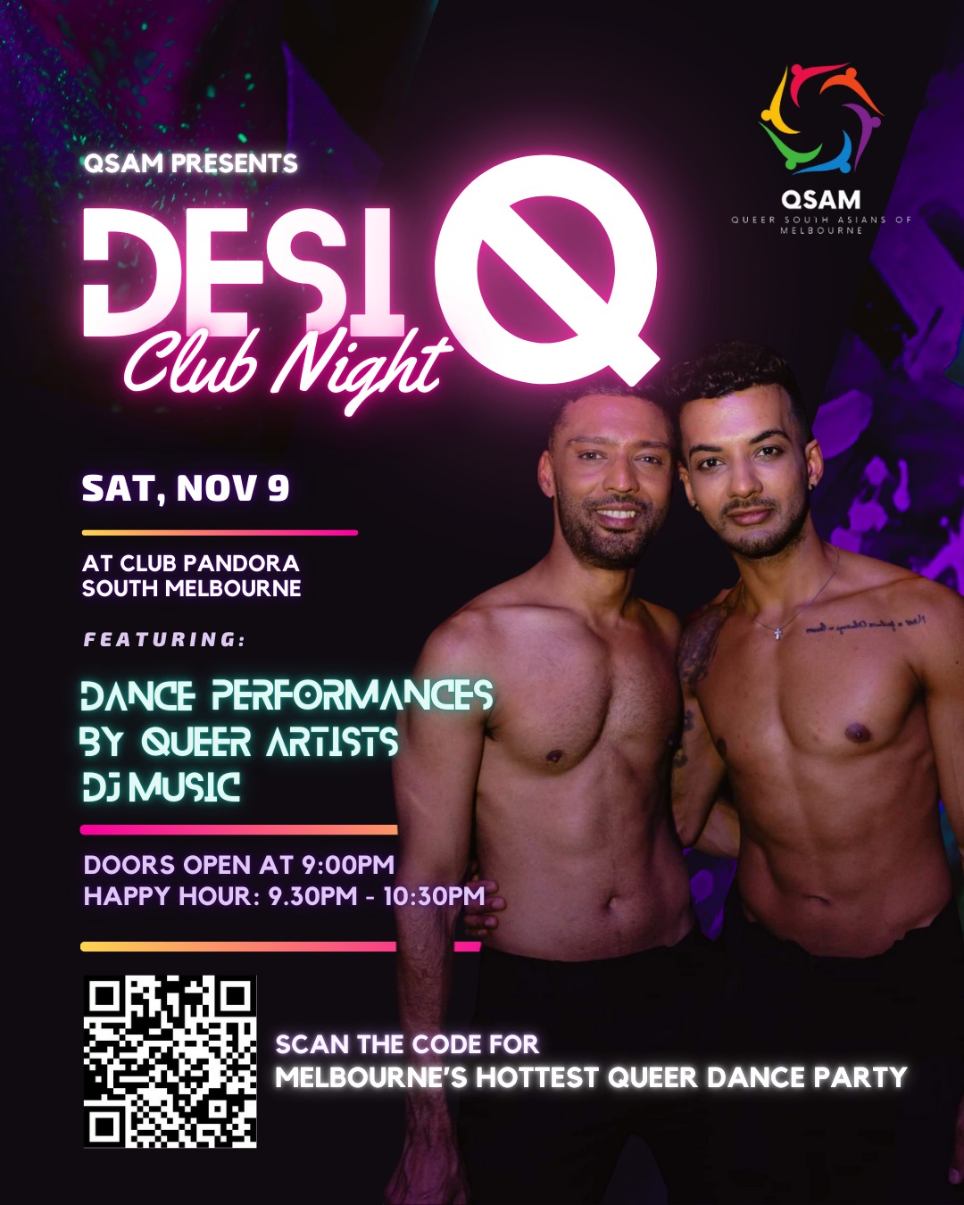 Poster for Desi Q club night with date. time, location and two people hugging and smiling at the camera