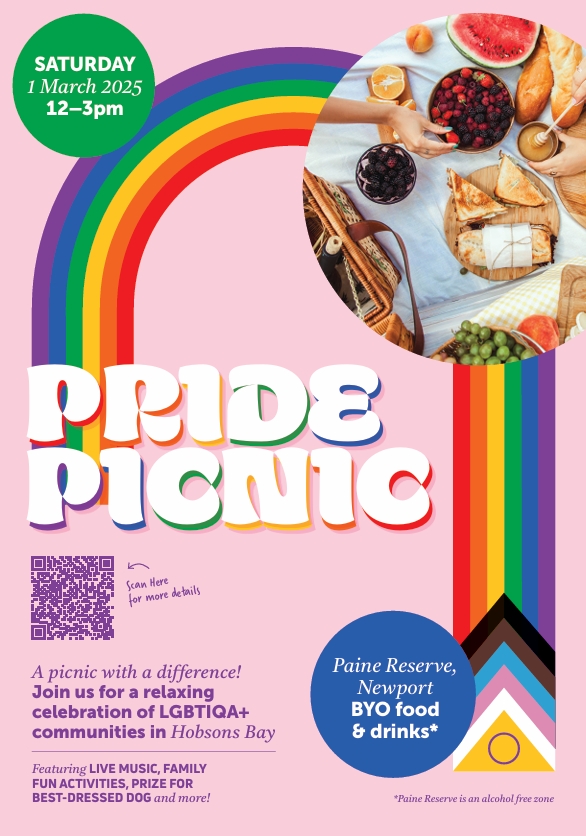 Hobsons Bay Pride Picnic Event Poster with date, location, an animated rainbow and snacks in a circle frame