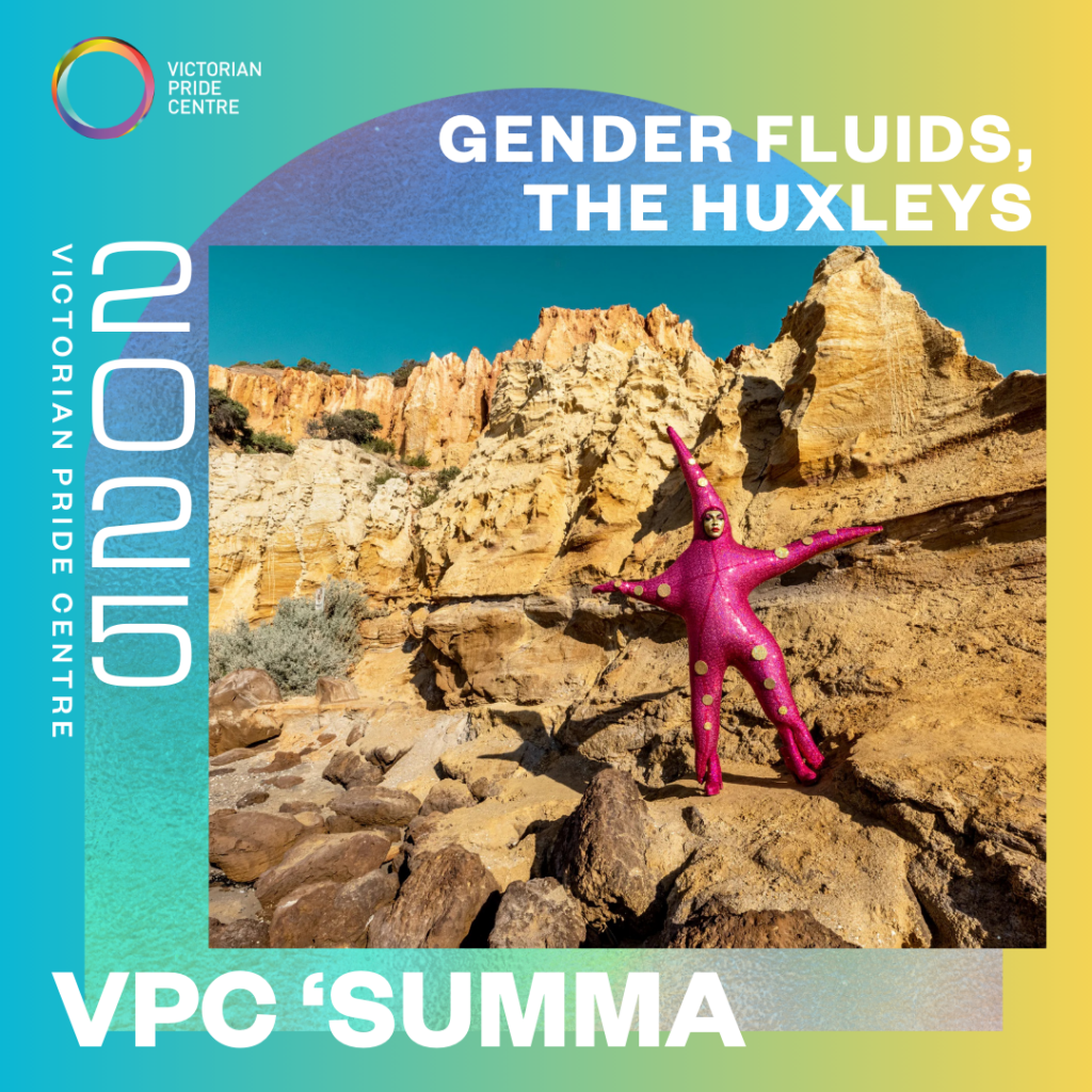 VPC "SUMMA" Poster: "Gender Fluids" - a person dressed as a starfish on a rocky mountain overlaid onto VPC Branding