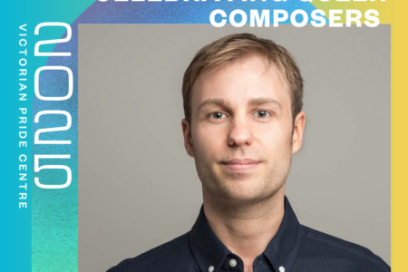 VPC "SUMMA" Poster: "Love Unheard: Celebrating Queer Composers" with a headshot of a person within the event overlayed onto the VPC Branding background