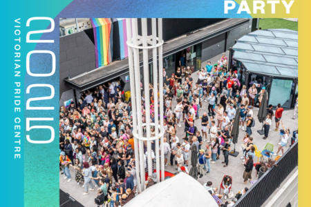 VPC "SUMMA" Poster: "Sunday Sizzle: Pride March After Party" with a group of people gathering on the VPC Rooftop. Image is taken from a bird-eye view and it is all overlayed on top of the VPC SUMMA branding The image is overlaid with the bold VPC SUMMA branding.