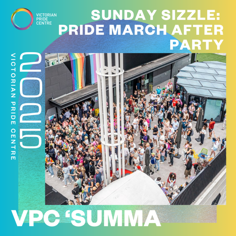 VPC "SUMMA" Poster: "Sunday Sizzle: Pride March After Party" with a group of people gathering on the VPC Rooftop. Image is taken from a bird-eye view and it is all overlayed on top of the VPC SUMMA branding The image is overlaid with the bold VPC SUMMA branding.