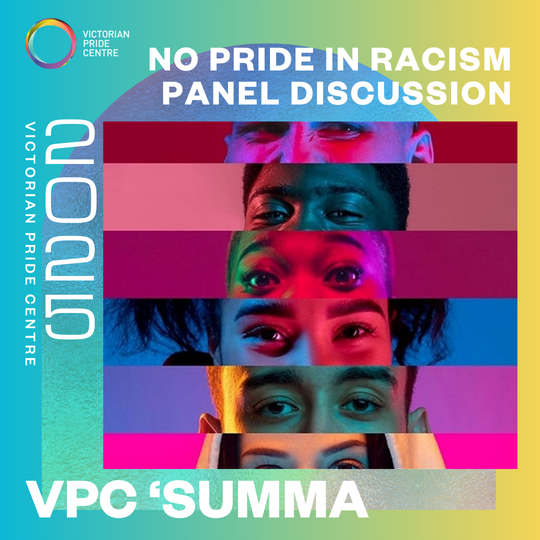 VPC "SUMMA" Poster: "No Pride in Racism" Panel Discussion with 6 Headshots Overlayed onto VPC Branding