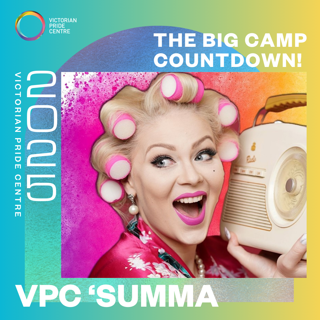 VPC "SUMMA" Poster: "The Big Camp Countdown!" with a person in hair rollers and a vintage radio held against their ear. The image is then overlayed on top of the VPC SUMMA Branding