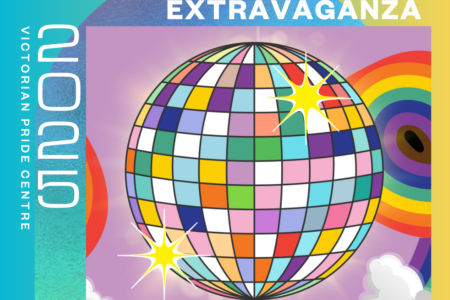 VPC "SUMMA" Poster: "Rainbow Families Extravaganza" with a rainbow disco ball overlayed onto VPC branding verlayed onto VPC Branding