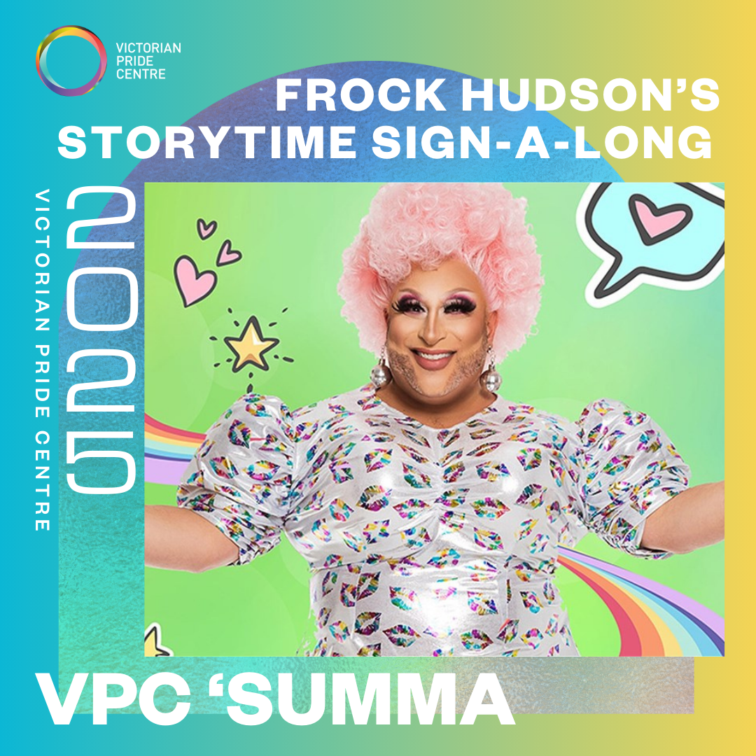 VPC "SUMMA" Poster: "Frock Hudson's Storytime Sign-a-long" with Frock surrounded by social media animations and altogether overlayed on-top of the VPC branding