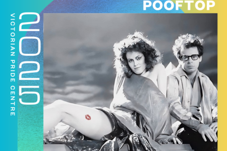 VPC "SUMMA" Poster: "MARY! PRESENTS POOFTOP" with two people sitting on a rooftop, one person has a red lipstick kiss on their leg. This image is then overlayed onto the VPC branding